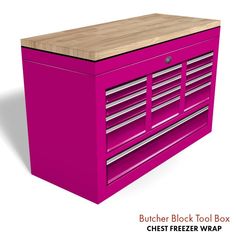 the diamond plate tool box is pink and has drawers on each side that hold tools