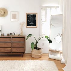 a bathroom with white walls and wooden furniture, including a large plant on the floor