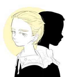 the silhouettes of two people, one with blonde hair and another with blue eyes