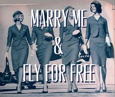 three women in suits and hats are walking down the street with luggage behind them that says marry me & fly for free