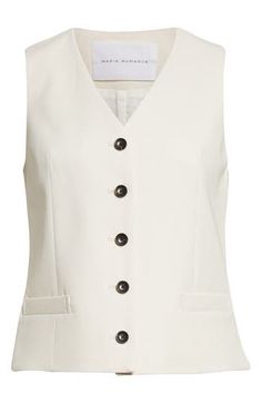 A slightly relaxed fit keeps the look laid-back and easygoing in this menswear-inspired vest tailored from organic cotton. 21 1/2" length (size 8) Front button closure V-neck Front welt pockets Lined 100% organic cotton Dry clean Made in the USA of imported fabric Designer Clothing White V-neck Vest With Pockets, Classic White Workwear Vest, Classic White Work Vest, Classic Workwear Vest With Pockets, Tailored V-neck Vest With Pockets, Classic Spring Vest With Welt Pockets, White Tailored Vest For Workwear, Vest Tailored, Tailored Vest