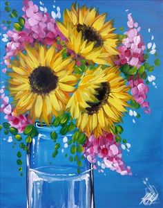 a painting of sunflowers in a blue vase