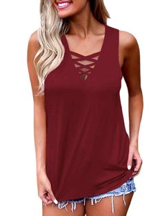 Sleeveless Criss Cross Tank Top - Red - 5F47470525 - Women's Clothing, Women's Tops & T-Shirts  #WomensTopsTShirts #Women's #Clothing # #Women's #Tops #& #TShirts Lace Up Blouse, Womens Tank Tops Summer, Criss Cross Tank Top, Basic Blouses, Shirt Tunic Top, Summer Tank, Summer Tank Tops, Casual Tank Tops, Casual Blouse