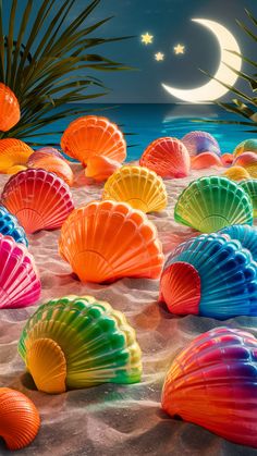 many colorful seashells on the sand with a crescent moon in the sky above them