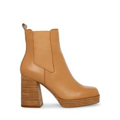 EXPECT Tan Leather Chelsea Ankle Bootie | Women's Platform Bootie – Steve Madden Heeled Chelsea Boots, Tan Booties, Steve Madden Store, Boot Pulls, Tan Boots, Platform Heel, Chunky Boots, 5 Inch Heels, Chelsea Boot