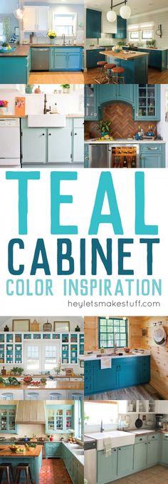 a collage of teal kitchen cabinets with the words teal cabinet color inspiration