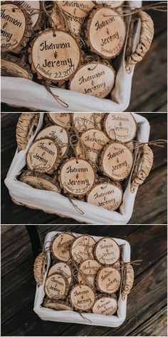 two baskets filled with wine corks sitting on top of a wooden table next to each other