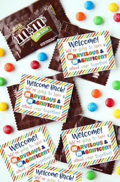 candy bar wrappers with the words welcome to children on them and colorful candies