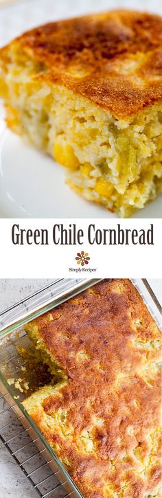 green chile cornbread casserole on a white plate and in a baking dish