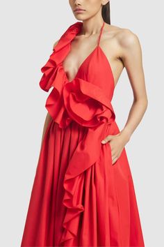 Red midi dress featuring ruffle detailing in the front with botanical hand embroidery and side pocket. - Aza Fashions Red Evening Dress With Ruffled Straps, Red Draped Midi Dress For Summer, Gauri And Nainika, Midi Dress For Women, Diana Penty, Red Midi, Luxury Sale, Red Midi Dress, Modern Bride