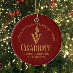 a red ornament hanging from a christmas tree