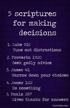 a purple background with the words 5 scriptures for making decision