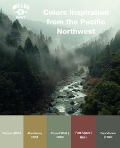 a river surrounded by trees and fog in the background with text that reads colors inspiration from the pacific northwest