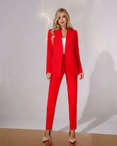 2-piece Womens Blazer Trouser Suit for office, business meetings, formal events and special occasions. Also perfectly combines with sneakers so after a long and tiring business day you can change you heels to sneakers and still look chic. DETAILS -  chinos pants -  slim fit  -  cropped  -  high rise -  blazer is buttoned -  lined -  side pockets -  slim fit -  double breasted -  notch lapel MATERIAL Premium quality suiting fabric, which consists of viscose mostly and a bit of polyester and elastane  SIZES The models in photos are wearing a size S Available in 4 sizes: XS= 0 US numeric  BUST 32-34 inches or 82-86 cm WAIST 23-24.8 inches or 59-63 cm HIPS 33-35 inches or 86-90 cm S = 2 US numeric  BUST 34-35 inches or 86-90 cm WAIST 25-26 inches or 63-67 cm HIPS 35-37 inches or 90-94 cm M = 4 Red Pants Suit For Women, Red Power Suit Women, Red Long Sleeve Business Pantsuit, Red Long Sleeve Pantsuit For Business, Red Long Sleeve Office Wear Set, Tailored Red Blazer For Office Wear, Elegant Red Pantsuit For Office Wear, Elegant Fitted Red Dress Pants, Red Elegant Formal Dress Pants