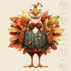 a drawing of a turkey wearing a suit and bow tie with autumn leaves on it