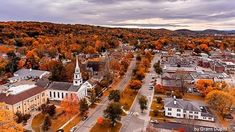 an aerial view of a small town surrounded by trees with fall foliage in the foreground