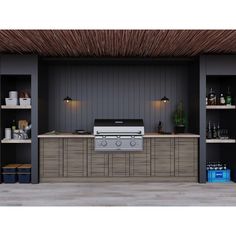 an outdoor kitchen with built in grill and shelves