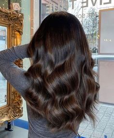 Subtle Chocolate Brown Balayage, Long Hair With Brown Highlights, Long Black Brown Hair, Hair Inspiration Dark Brown, Nice Brown Hair Color, Dark Brown Hair Curly, Dark Chocolate Brown Hair With Lowlights, Dark Mocha Brown Hair, Darker Hair Color Ideas