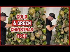 two men standing next to each other in front of a christmas tree with gold and green decorations