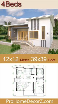 two story house plan with 3 beds and 2 bathrooms in the front, one bedroom on the