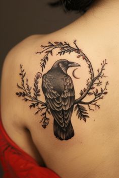 Crow tattoo on a shoulder framed by branches and leaves with a crescent moon. Witch Tattoo Men, Women’s Gothic Tattoos, Witch Protection Tattoo, Gothic Witchy Tattoos, Witchy Tattoos Thigh, Nature Witch Tattoo, Crow And Moon Tattoo, Raven Moon Tattoo, Witch Tattoo Ideas Witchcraft