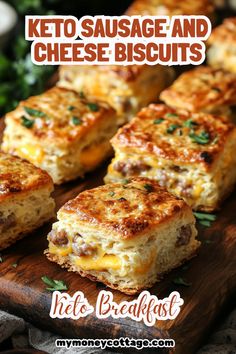 keto sausage and cheese biscuits on a cutting board with text overlay