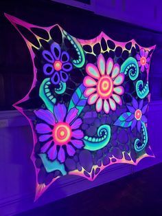 Floral decor Trippy Wall Paintings Bedroom, Blacklight Bedroom, Blacklight Art, Uk Party, Uk Parties, Trippy Tapestry, Glowing Flowers, Whimsical Bedroom, 38th Birthday