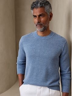 A sweater that perfectly blends the best parts of cotton and linen with a plush handfeel that is naturally breathable, remaining cool and fresh when temperatures climb.  Crew neck.  Straight hem.  #568511 Standard fit.  Long sleeves.  Hip length.  Bo Comfortable Cotton Sweater For Layering, Cotton Crew Neck Sweater For Casual Gatherings, Crew Neck Cotton Sweater For Casual Gatherings, Crew Neck Cotton Sweater For Casual Wear, Long Sleeve Cotton Sweater For Casual Gatherings, Casual Cotton Sweater For Layering, Cotton Textured Knit Sweatshirt For Layering, Spring Crew Neck Sweater For Casual Gatherings, Stormy Blue