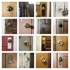 many different doors with knobs and locks on them are shown in this collage