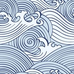 an abstract blue and white background with wavy waves in the ocean, as well as birds