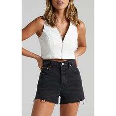 Levi's Highest High Rise Yet. The Ribcagewith Its Soaring 12-Inch Risehas Become A Hip-Slimming And Waist-Defining Obsession. This Fit Will Show Off Your Figure And Make You Feel As Amazing As You Look. Cut-Off Hem Style # 778790052 Color: Blackl Lake - Black Slim Through Your Hip Super High Rise 99% Cotton, 1% Elastane Low Stretch Denim Button Fly 5-Pocket Styling Fitted Cutoff Shorts For Night Out, Levi's Edgy High Rise Bottoms, Edgy Mid-rise Levi's Bottoms, Edgy Bottoms For Day Out, Edgy Short Bottoms For Day Out, Edgy Short Length Bottoms For Day Out, Levi's Short Length Summer Tops, Levi's Summer Tops, Summer Levi's Tops Short Length