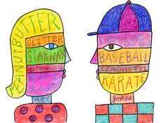 two children's drawings with words written in different colors and shapes on their faces