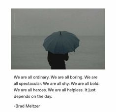 a person holding an umbrella in the rain with a quote from brad meltzer on it