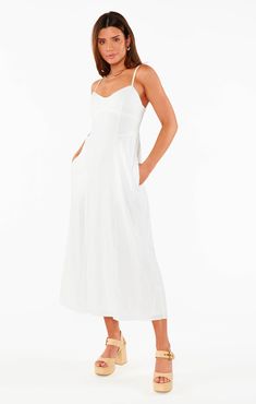 Allegra Midi Dress ~ White Linen – Show Me Your Mumu Summer Midi Dress With Sweetheart Neckline For Day Out, Casual Midi Dress With Sweetheart Neckline For Dress Down, White Maxi Dress With Smocked Back And Spaghetti Straps, Casual Midi Dress With Sweetheart Neckline And Adjustable Straps, White Maxi Dress With Spaghetti Straps And Smocked Back, White Midi Dress With Adjustable Straps, White Dresses With Spaghetti Straps And Smocked Back, White Linen Dress For Brunch, White Midi Dress With Adjustable Straps For Casual Occasions