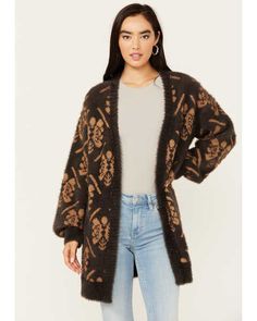 Room 34 Women's Floral Print Jacquard Cardigan Western Motifs, Jacquard Cardigan, Brown Floral Print, Brown Floral, Metallic Accents, Blending, Clothes For Sale, Floral Print, Floral Prints