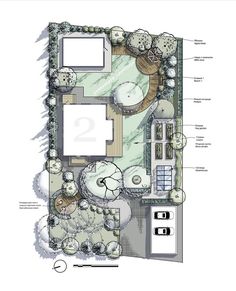 a plan for a garden with lots of trees and plants on the side of it