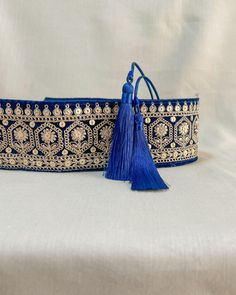 Embroidered obi belt with tassels, handmade in Paris using embroidered indian laces sourced in the mythic city of Jaipur. They are the perfect accessory to transform any boring dress in a boho statement piece.  We love it's exotic & vintage look and we are sure you will love it too!  HOW TO CLOSE THE BELT:  The belt features satin straps with tassels at the end that you can tie around your waist to show the tassels on the front or at the back.  MATERIALS: The belts are lined with a linen or cott Tassels Handmade, Dark Blue Velvet, Polycotton Fabric, Obi Belt, Unique Accessories, Suspender Belt, Boho Bag, Flower Embroidery, Bohemian Clothes