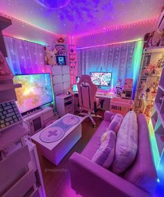 a living room filled with furniture and colorful lights