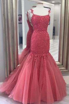 Mermaid Lace Long Prom Dresses Pink Mermaid Hem Homecoming Dress, Homecoming Mermaid Dress With Sweep Train, Pink Mermaid Hem Dress For Homecoming, Mermaid Silhouette Evening Dress For Prom, Prom Mermaid Dress With Sweep Train, Pink Mermaid Homecoming Dress, Fishtail Stretch Evening Dress For Prom Season, Stretch Fishtail Evening Dress For Prom Season, Pink Evening Mermaid Dress