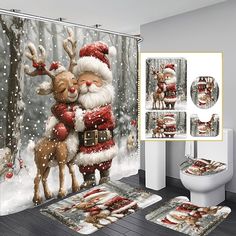 a christmas themed shower curtain and rug with santa claus hugging a deer in the snow