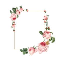 pink roses and leaves are arranged in the shape of a square frame