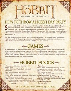 the hobbit movie poster with instructions for how to throw a hobbi day party