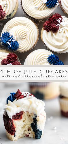 the fourth of july cupcakes are decorated with red, white and blue icing