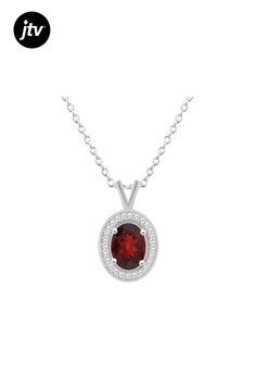 8x6mm oval garnet 1/8 ctw diamond rhodium over sterling silver halo pendant with 18" cable chain. Measures approximately 0.70" L x 0.41" W. Lobster clasp. Halo Pendant, Pendant With Chain, Cable Chain, Lobster Clasp, Garnet, Halo, Cable, Sterling Silver, Chain