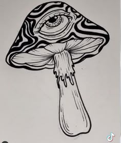 a drawing of a mushroom with an eye on it's head and the bottom part of the mushroom is black and white