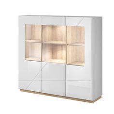 a white cabinet with wooden shelves and glass doors on the front, against a white background