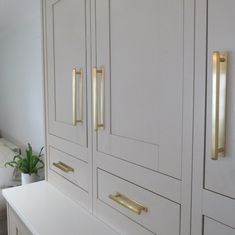 the cabinets are all white and have gold handles on them, along with a potted plant