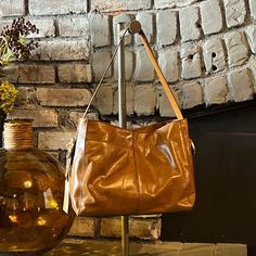 New Hobo Leather Handbag Truffle Color Over The Shoulder Medium Size Cognac Rectangular Hobo Bag With Detachable Handle, Cognac Tote Shoulder Bag With Gold-tone Hardware, Cognac Shoulder Bag Tote With Gold-tone Hardware, Cognac Shoulder Tote Bag With Gold-tone Hardware, Cognac Hobo Bag With Detachable Handle, Brown Leather Lined Hobo Bag For Evening, Evening Brown Hobo Bag With Leather Lining, Chic Cognac Hobo Bag For Shopping, Evening Brown Leather-lined Hobo Bag