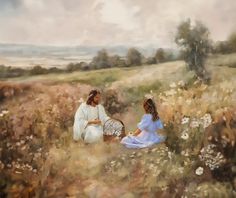 a painting of two women in a field with flowers on the ground and one holding a basket