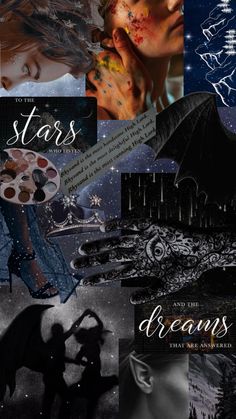 the collage has many different pictures and words on it, including stars in the sky